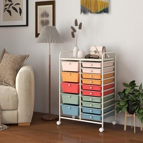 LDAILY 15 Drawer Rolling Storage Cart, Rolling Cart with Drawers for Classroom, Art Supply Craft Organizer on Wheel with Metal Frame & Handles for Home Office School thumbnail 7