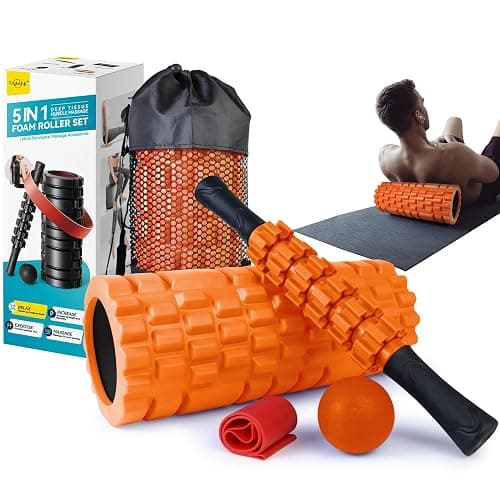 Krightlink 5 in 1 Foam Roller Set Trigger Point Exercise Foam Roller | Deep Tissue Muscle Massage Fitness Foam Roller, Massage Roller, Massage Ball, Stretching Strap, for Whole Body Orange - Image 1