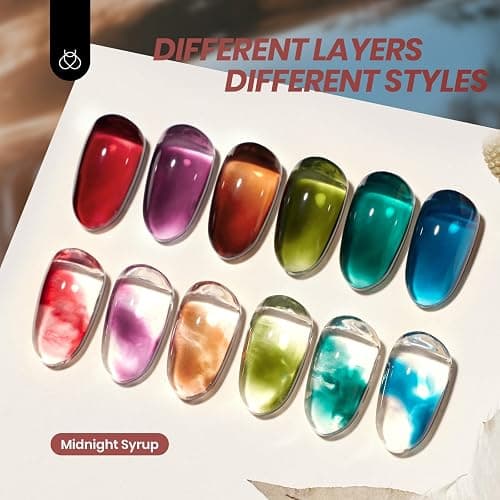 Beetles Jelly Gel Nail Polish Set - 6 Colors Mocha Brown Burgundy Red Purple Green Blue Fall Gel Polish Kit Sheer Translucent Effect Soak Off UV Midnight Syrup Nail Art Manicure Gift for Women thumbnail 2
