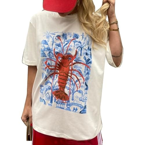 Women Cute Graphic Oversized Tees Fish Lobster Printed Y2K Baggy T Shirts Teen Girls Preppy Vintage Aesthetic Summer Tops - Image 1