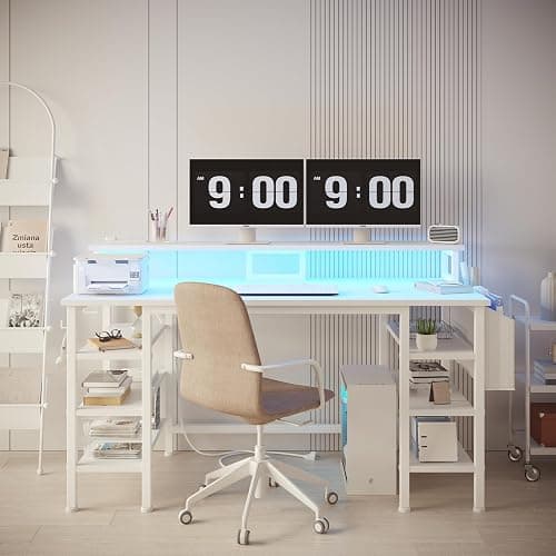 Lufeiya White Desk with Storage Shelves - 47 inch Home Office Gaming Desk with Monitor Stand, Computer Desk with LED Lights and Power Outlets, White thumbnail 3