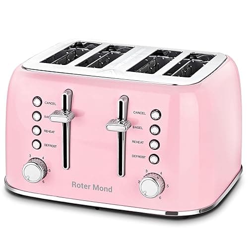 Roter Mond Toaster 4 Slice Retro Stainless Steel with Extra Wide Slots Bagel, Defrost, Reheat Function, Dual Independent Control Panel, Removable Crumb Tray, 6 Browning Levels, Pink - Image 1