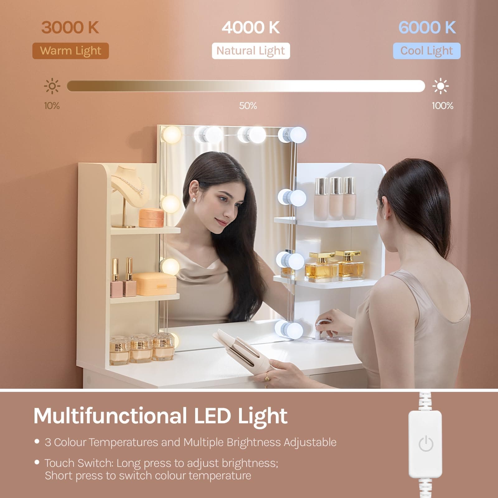 WOLTU 10-Bulb Dressing Table, LED String Light White Vanity Unit with Mirror, Power Strip, 2 Drawers, 4 Shelves, 90 x 40 x 135 cm, MB6123ws thumbnail 4