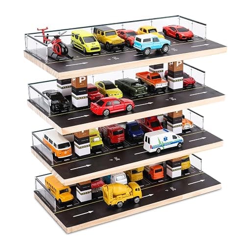 Saichotoy Display Case for Hot Wheels, 4-Level 1/64 Wooden Garage Storage | 4-Level Toy Car Storage Garage for Hot Wheels & Matchbox, 1/64 Display with 24 Spots Holds Up to 40 Cars, Cars Not Included - Image 1
