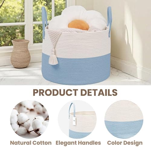 JMvicyroam Woven Blanket Basket,65L Large Rope Storage Bin with Handles, Organizer for Blankets Toys Book and Clothes, Laundry Basket for Living Room Bedroom Nursery,White&Blue thumbnail 3