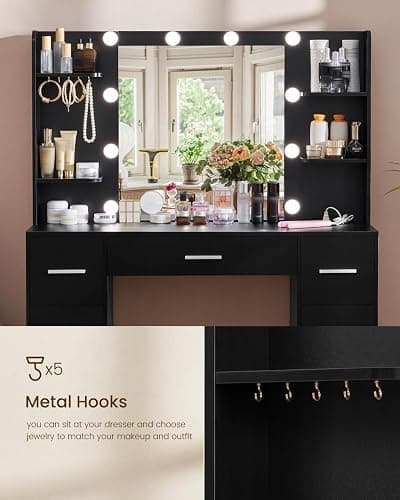 Quimoo Large Vanity Desk with LED Lighted Mirror & Power Outlet,Makeup Vanity Table with 7 Drawers,4 Shelves and 5 Hooks,Vanity Table, Vanity Desk Set for Bedroom,Bathroom，Black thumbnail 6