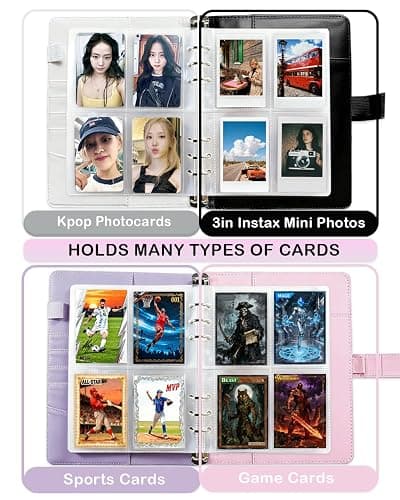 A5 Photo Card Binder with 30 Inner Sleeves (4-pocket and double-sided), 6 Ring 4 Pocket Trading Card Binder, PU Leather Card Collect Book with Magnetic Buckle Closure, Holding up to 240 Cards (Pink) thumbnail 5