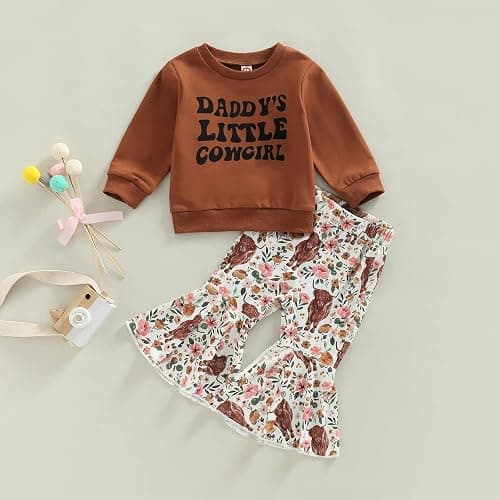 Karuedoo Toddler Baby Girl Western Outfit Letter Print Crewneck Sweatshirt Top Cow Flared Pants Set 2PCS Fall Winter Outfits thumbnail 2