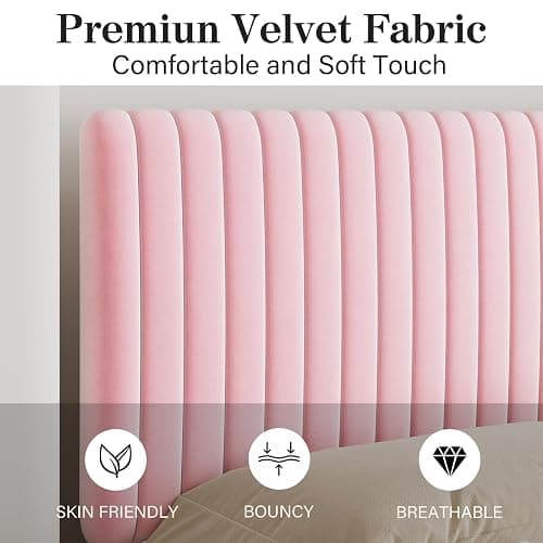 BarnFurin Full Size Bed Frame with Adjustable Headboard, Velvet Upholstered Platform Bed with Vertical Channel Tufted Design, No Box Spring Required, Easy Assembly, Pink thumbnail 4