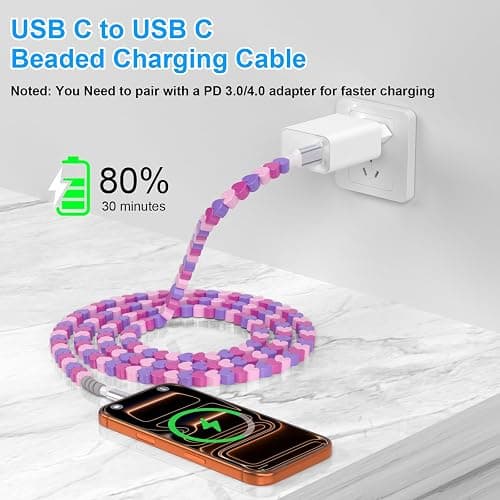 AIAUXAI USB C to USB C Cable,6FT Beaded Charger Charging Cord,Pink-Purple | 60W Cute Type C Phone Charger Cord for iPhone 18 Pro Max 17 16/iPad&CarPlay,for Samsung S26 S25 Ultra A17 Android Girls Women thumbnail 2
