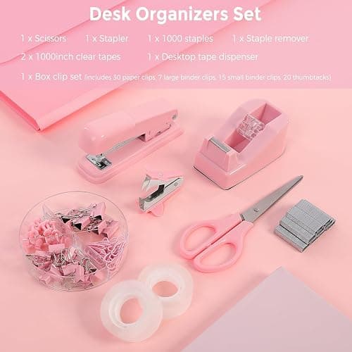 SKYDUE Pink Stapler and Tape Dispenser Set, Pink Office Desk Accessories | Pink Office Supplies, Stapler, Tape Dispenser, Scissors, Clips and 1000pcs Staples,Office Supplies for Desk for Women thumbnail 5