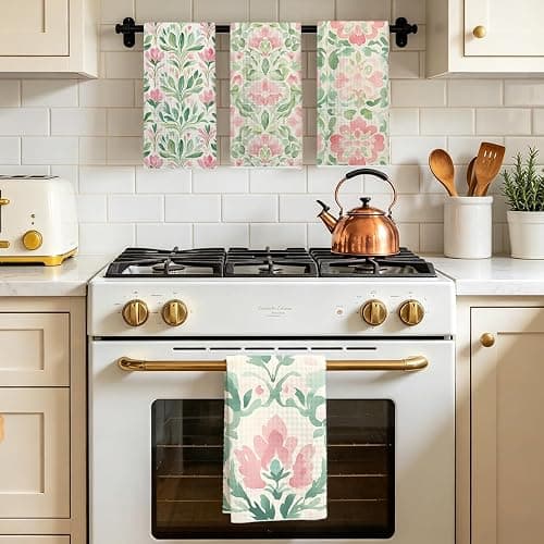4 Pcs Watercolor Floral Kitchen Towels, Artistic Pink Green Decorative Absorbent Microfiber Dish Cloth Tea Towel, Durable Waffle Hand Towels for Farmhouse Home Bathroom, Housewarming Gifts thumbnail 5