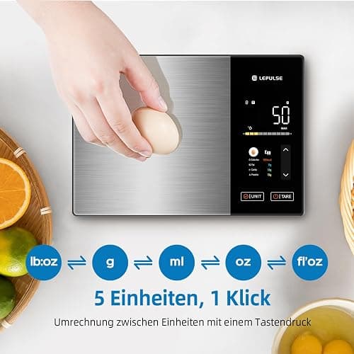 Digitale Küchenwaage mit Nährwertberechnung, Lebensmittelwaage mit 24 Nährwertanalyse, 5kg Edelstahl-Ernährungswaage, TFT Farbdisplay, 50 Offline & unbegrenzte Kalorienanalyse per App, Tara Funktion thumbnail 6