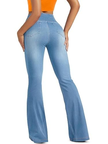 FUNUCA Knit Stretchy Jean Leggings for Women with Crossover High Waisted Bell Bottom Yoga Pants Flare Leggings with Pockets thumbnail 2