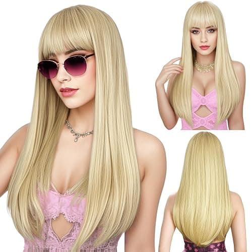 ENTRANCED STYLES Blonde Wig with Bangs, Long Straight Wigs for Women Natural Hair Wigs Synthetic Blond Wigs for Girls Daily Party Halloween Cosplay Wig 22 Inch - Image 1