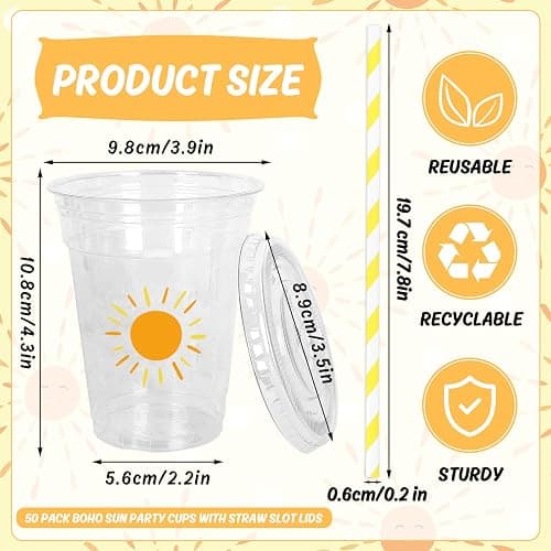Whaline 50Pcs Boho Sun Disposable Plastic Cups with Lids and Straws 12 Oz Sunshine Cold Beverage Drinking Cups for Birthday Baby Shower Party Supplies thumbnail 3