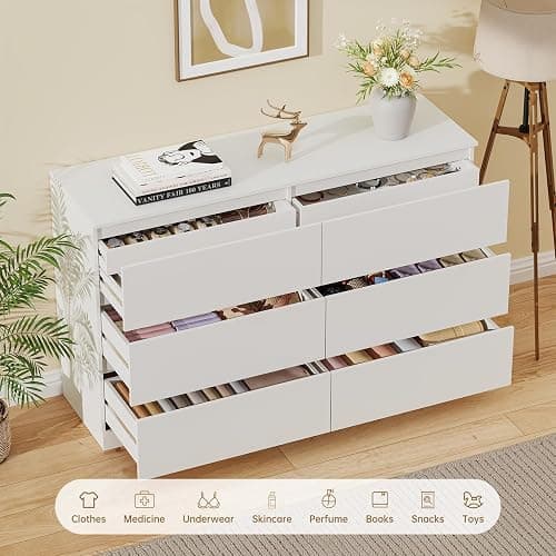 Dresser for Bedroom with 6 Drawers, 14.2" D x 47.2" W x 29.5" H, White | Modern Chest of Drawers with Hidden Drawer, Wood Storage Dresser, Storage Organizer for Living Room, Closet, Hallway thumbnail 6