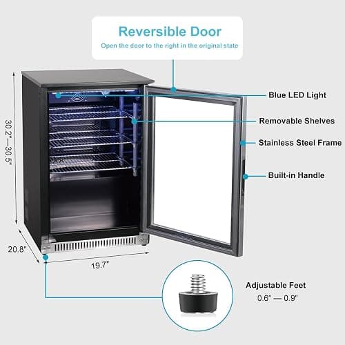 Weili 20 Inch Built in Beverage Fridge with Glass Door, 120 Can Under Counter Soda Beer Drink Refrigerator with Blue LED Light for Home Office or Bar, 36-50°F Auto Defrost thumbnail 2