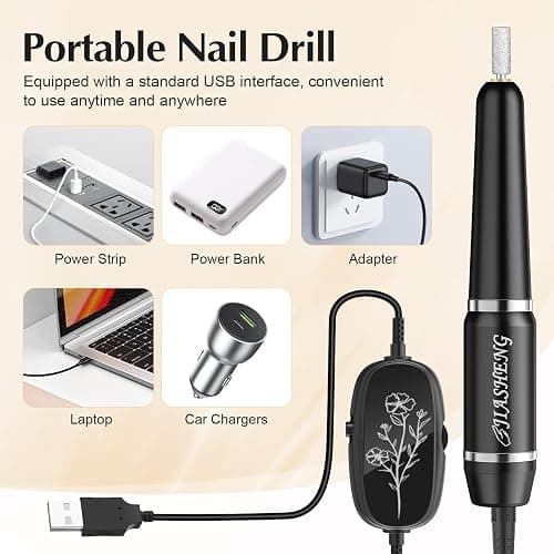 JIASHENG USB Electric Nail Drill, Portable File for Acrylic Gel Nails, Professional Manicure and Pedicure Kit With Drill Bits for Home and Salon Use, Black thumbnail 4