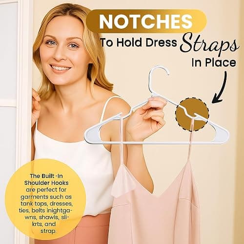 Our Modern Space 100 Pack Adult Plastic Hanger for Shirt Pants Coats Dresses Skirts Suits Jackets - Standard Thick Coat Hanger - Sturdy & Durable Design with Shoulder Grooves Hook - White thumbnail 6