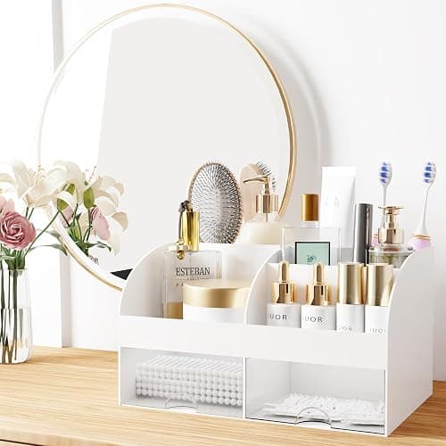 Makeup Organizer with Drawers, Cosmetic Storage for Dresser Vanity and Bathroom Countertop, Beauty Holder for Lipstick Brush, Skincare Organizer for Vanity, Cosmetic Display Case (White) thumbnail 3