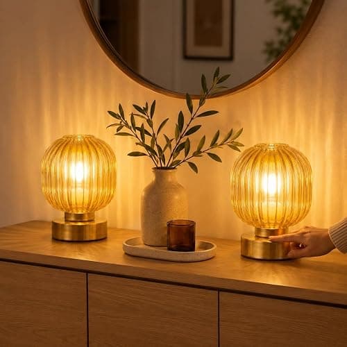 Elenhome Amber Touch Glass Table Lamp Set of 2, 3-Way Dimmable Bedside Lamps, Vintage Mid-Century Modern Nightstand Lamps for Bedroom and Living Room, Ambient Mood Lighting, LED Bulb Included thumbnail 6