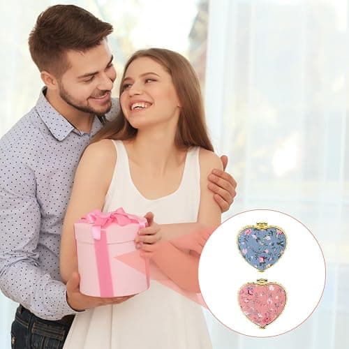 YUXIANLB 2 Pcs Compact Mirror for Purse, Vintage Double-Sided Flower Makeup Mirrors Portable Trave Cosmetic Mirror for Women Girls, Heart Folding Mini Handheld Mirror for Pocket (Pink, Blue) - Pink, Blue thumbnail 2