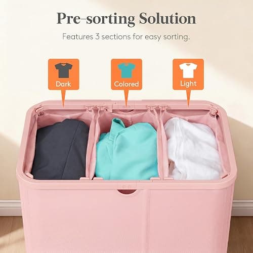 Lifewit 185L 3 Section Laundry Hamper with Lid, Laundry Basket, Pink | Large Foldable Laundry Sorter with 3 Removable Bags, Tall Clothes Hamper for Bedroom and Bathroom thumbnail 3