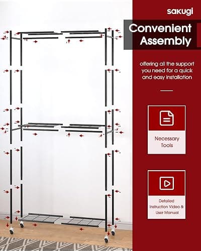 Sakugi Clothes Rack - 33.0" x 12.2" x 79.5" Clothing Rack with Shelves & Wheels, Multi-Functional Wardrobe Closet with Hooks, Sturdy Metal Garment Rack for Bedroom, Laundry, Balcony (Gold) thumbnail 4