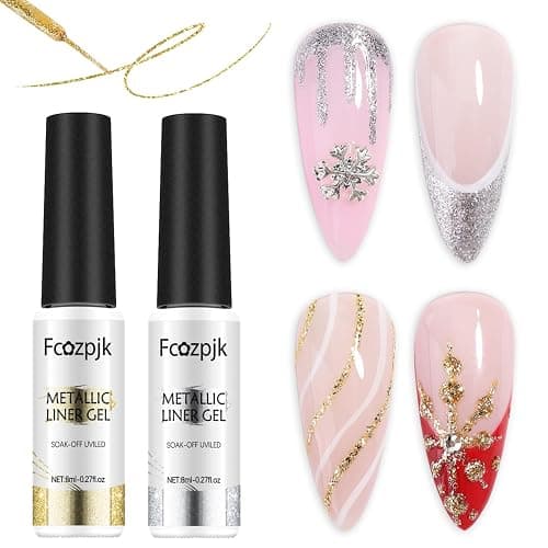 Fcozpjk Gel Liner Art Set 2PCS Sparkle Glitter Silver Gold Gel Polish 8ml Soak Off UV Painting with Built in Thin Nail Brush Swirl Nails Design Dotting Drawing French Manicure Tip Tool - Image 1