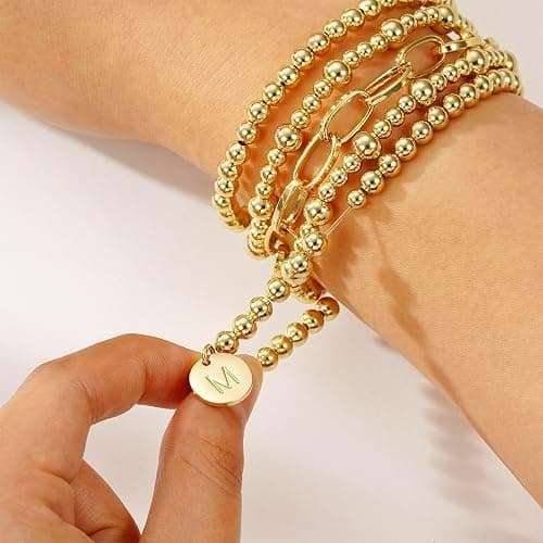 Lydow Beaded Bracelets for Women, 18K Gold Plated Initial A-Z Stretch Bead Ball Stackable Bracelet with Letter Jewelry Set Gifts thumbnail 3