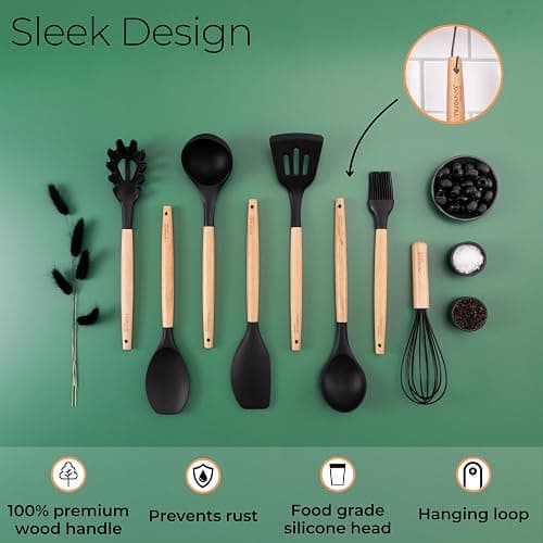 Kitchen Non Stick Cooking Utensils Set – Heat Resistant Silicone Utensils with Wooden Handle – Ladles, Spoons and Spatulas Set – Kitchen Tools & Accessories – 35pcs, Black – by Nuovva - Black thumbnail 6