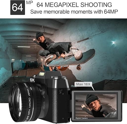6K 64MP Digital Camera for Photography NIKICAM Vlogging Camera for YouTube with 180° Flip Screen, WiFi,16X Digital Zoom, 52mm Lens, 2 Batteries, 32GB Micro SD Card(Black) - Black thumbnail 5