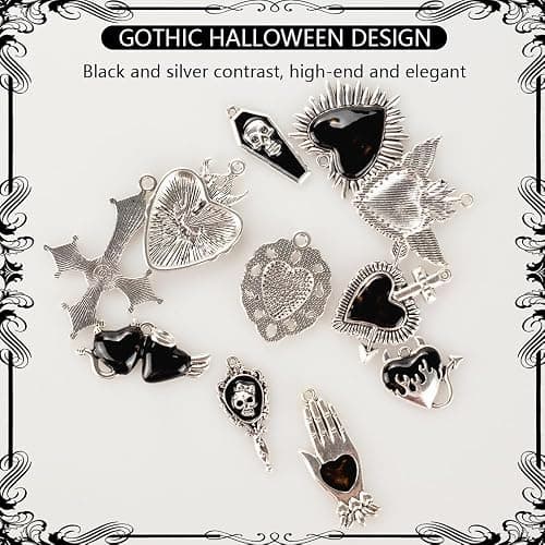 Giata11 Pcs Large Gothic Style Black Cross Skull Tombstone Heart Pendants Goth Halloween Charms for Jewelry Pendants Making DIY Craft Supplies thumbnail 6