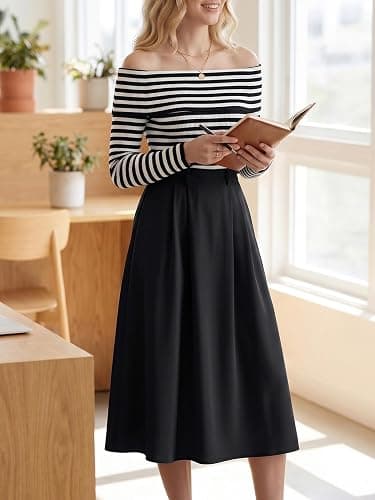 Casly Lamiit A-Line Midi Skirts for Women Business Skirt | Elastic High Waisted, Pleated with Pockets, Work Skirts Casual thumbnail 5