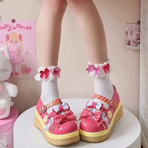 Women Lolita Shoes Heel Mary Jane Lace Pumps with Bow Kawaii Cute Cosplay Wedge Boots Cross Strap Block Heel Sweet Style thumbnail 3