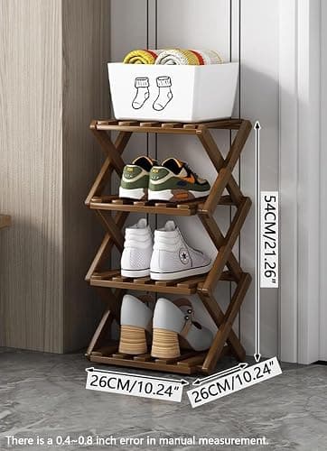 Bamboo Vertical Shoe Rack for Entryway,Narrow Shoe Rack Stackable,Minimalist Shoe Storage,4 Tier Standing Shoe Organizer for Garage Corner Bedroom Hallway(Tawny-4 Tier) thumbnail 2