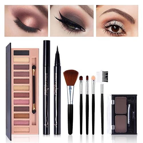 All in One Makeup Kit,12 Colors Nude Shimmer Eyeshadow Palette, Waterproof Black Eyeliner Pencil, Duo Pressed Eyebrow Powder Kit, 5 Brushes With Quicksand Cosmetic Bag Gift Set thumbnail 3