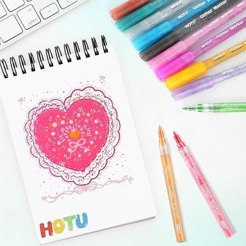 HOTU Glitter Markers Pen, 12 Glitter Colors Paint Pens Sparkly Metallic Shimmer Acrylic Marker Fine Point Tip 0.7mm Water-based Ink for Adults DIY Crafts Greeting Birthday Cards thumbnail 2
