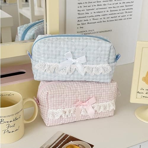 Aniute Floral Quilted Pencil Case with Bow Large Capacity Aesthetic Pen bag Makeup Bag Cute Cosmetic Organizer Pouch Stationery Storage Bag for School Office Travel (Pink heart) thumbnail 6