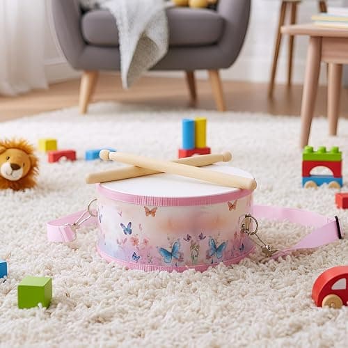 Boao 1 PC Kids Drum Set, 8 Inch Toddler Drum Wooden Toy with Adjustable Strap and 2 Drumsticks, Educational Sensory Musical Instrument for Toddlers Kid Baby Boys Girls Gift(Butterfly) thumbnail 2