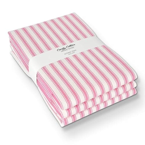 Candy Cottons Stripe Kitchen Towels With Hanging Loop - Boho Absorbent Dish Towels Set of 3 - Festive Gift 18x28 Inch Reusable Pantry Decor - Trendy Spring French Pink thumbnail 2
