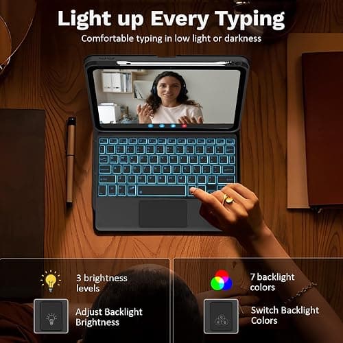 MoKo Touch Keyboard Case for iPad (A16) 11th/10th Gen,Nero | 7 Colors Backlit, Multi-TrackPad, with Pencil Holder, Auto Wake/Sleep, Compatible with iPad 11 inch 2025, iPad 10.9 inch 2020 thumbnail 6