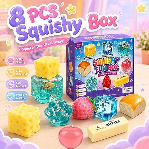 8 PCS Squishy Mystery Fun Box, Squishy Box Set Cute Butter, Dumpling, Strawberry, Realistic Shaped Squeezes Balls, Squeeze Slow Rising Stress Relief Soft Cute Anxiety Gifts Party Favor (#A) thumbnail 2