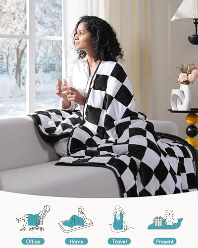 Cottonblue Weighted Blanket for Adults Queen Size 15lbs, Soft Sherpa Flannel Checkered Weighted Blankets, Fluffy Fuzzy Fleece Bed Heavy Blankets for Calming and Relax, Plaid Black, 60" x 80" thumbnail 6