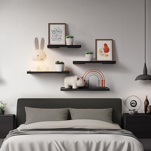 BAYKA Wall Mounted Floating Shelves, Wood Floating Wall Shelf for Books & Decor, Small Space-Saving Display & Organizer（Black，Set of 4） thumbnail 8