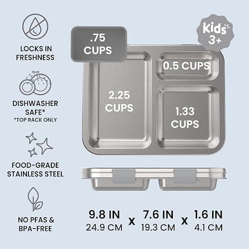 Bentgo Kids Stainless Steel Leak-Resistant Lunch Box, 3 Compartments | Bonus Silicone Container, PFAS & BPA-Free, Odor-Resistant, Dishwasher Safe, Ages 3+ (Silver) thumbnail 3