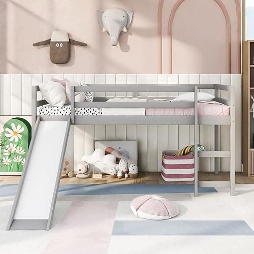 Harper & Bright Designs Twin Size Loft Bed Frame with Slide for Kids, Solid Wood Low Loft Bed with Guardrail and Ladders, Multifunctional Design, Gray - Image 1