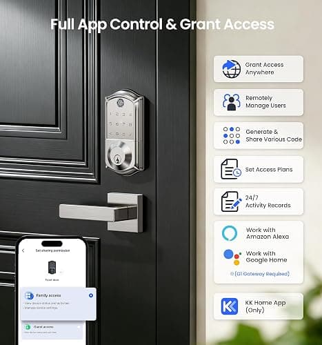 Veise VE017 Fingerprint Smart Door Lock, App Control, 8-in-1 Keyless Entry, Auto Lock, Emergency Power Port, Electronic Touchscreen Keypad, Biometric Smart Locks for Front Door, Satin Nickel thumbnail 2