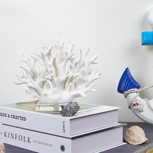 vlinlvo Coral Reef Ocean Decor, 6.3'' High x 7.5'' Width Artificial Resin Coral Reef Statue for Ocean Coastal Beach Nautical Themed Room Bathroom Decor for Home, RB1001W, White thumbnail 5
